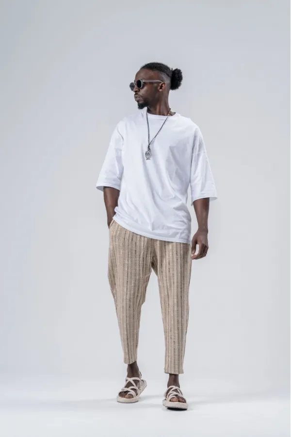 Pantalon de survêtement coupe droite à rayures camel pour homme, avec ceinture nouée à la taille, HZL24S-MXC8948-203