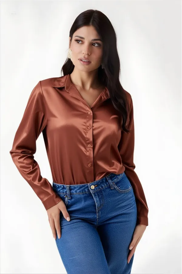 Kadın Bakır Hafif Dökümlü Saten Yüzeyli Gömlek Hzl22w-bd139641