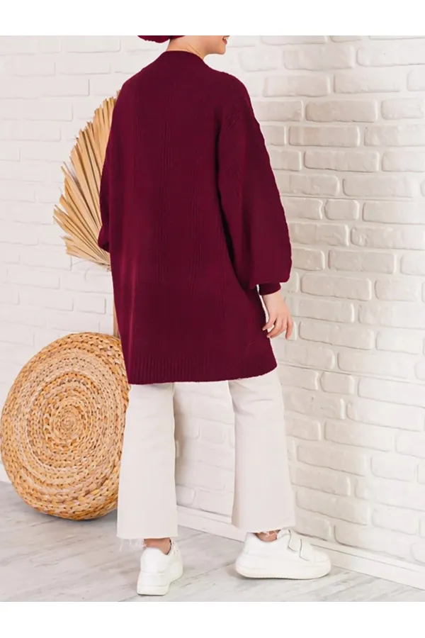 Women's Burgundy Hair Knit Pattern Long Buttoned Casual Cut Knitwear Cardigan HZL23W-BD1100691