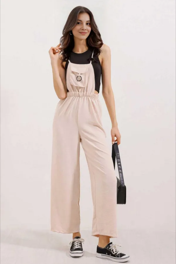 Kadın Bej Ayarlanabilir Askılı Önden Cepli Halka Detaylı Bol Paça Bahçıvan Tulum HZL24S-BD170231