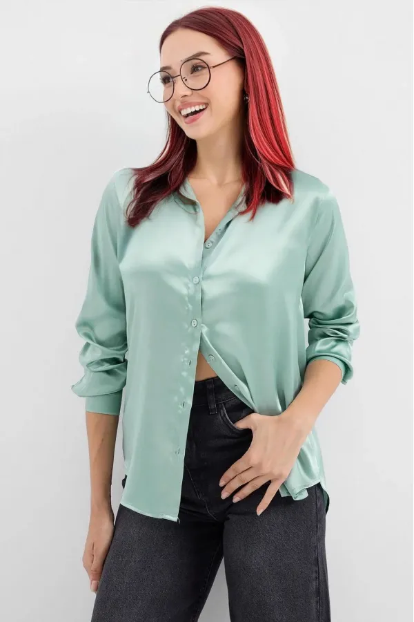 Chemise hijab verte satinée pour femme HZL25W-BD139641