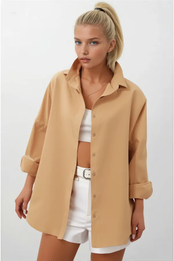 Kadın Camel Oversize Uzun Basic Gömlek  HZL22W-BD139001