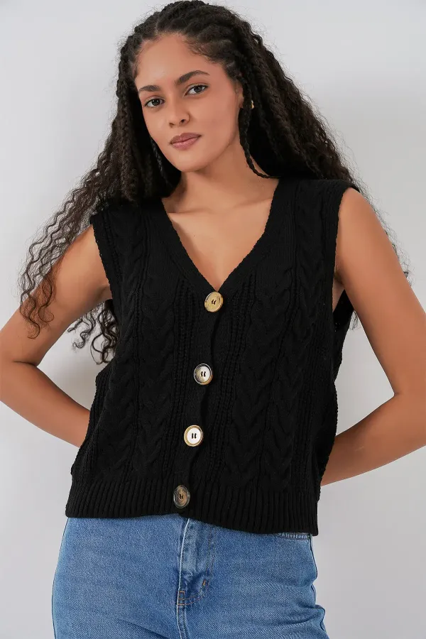 Gilet court boutonné en maille - Noir 15882