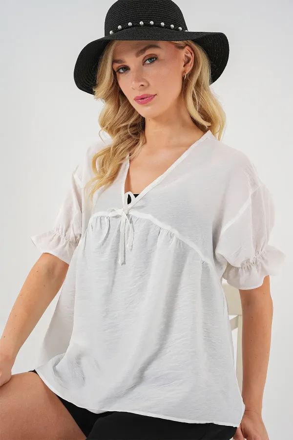 Women's Front Lace-Up Short-Sleeve Blouse 962 - White