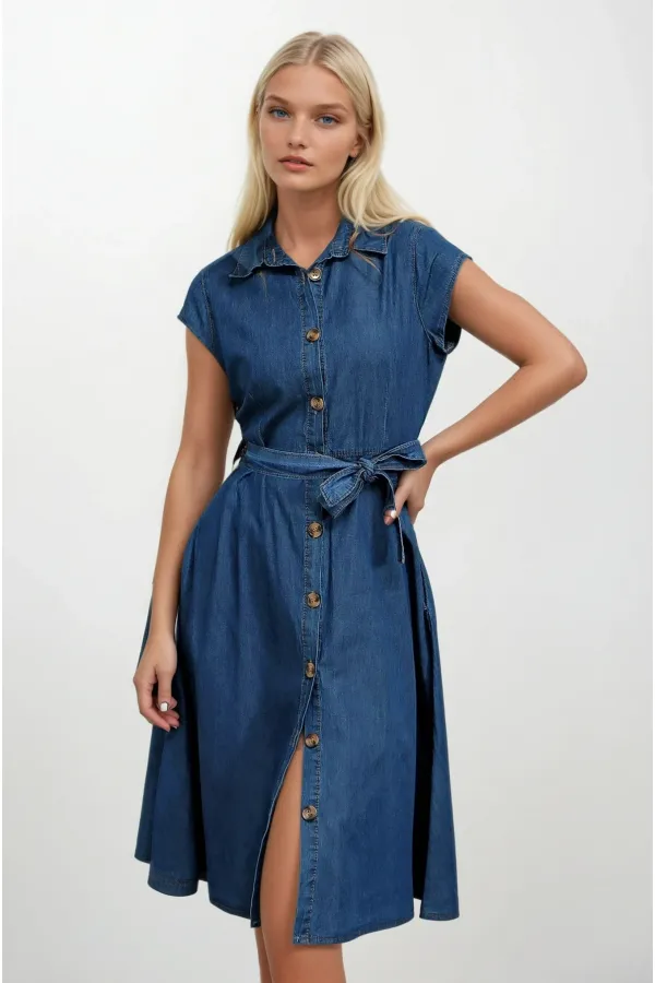 Kadın Denim Kısa Kollu Boydan Düğmeli Beli Kuşaklı Kot Gömlek Elbise Hzl22s-bd121761