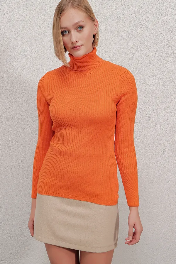 Pull col roulé côtelé orange pour femme HZL22W-BD1445001