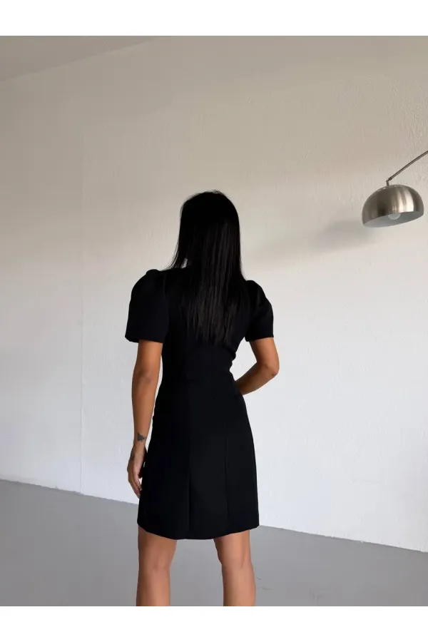 Women's Black Boat Neck Welt Pocket Short Sleeve Mini Dress HZL26S-FRY123891 Women's Black Boat Neck Welt Pocket Short Sleeve Mini Dress HZL26S-FRY123891