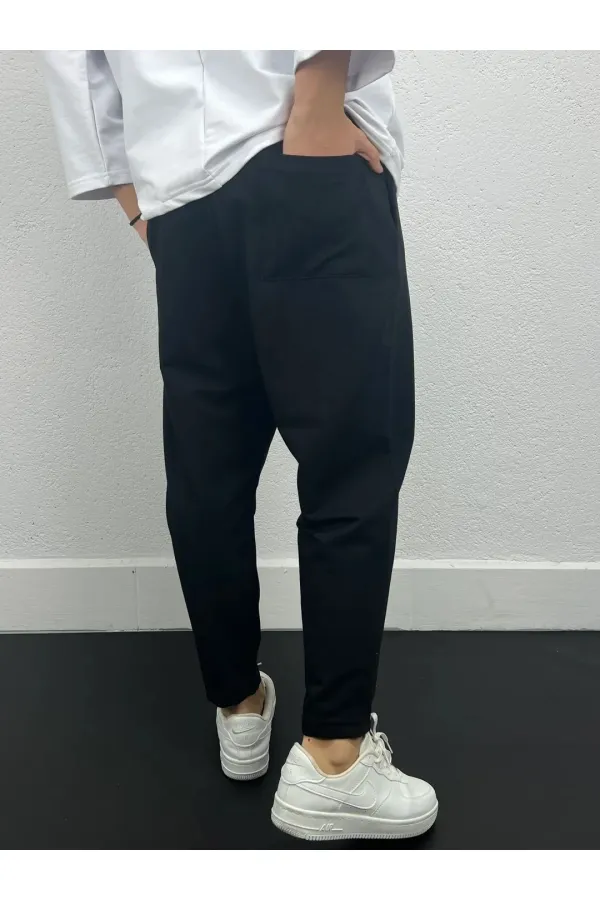 Erkek Siyah Beli İp Bağlamalı Düz Kesim Cepli Pantolon Eşofman Altı HZL24S-MXC8948-193