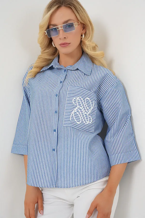 Women's Single Pocket Embroidered Shirt 20328 - Navy Blue