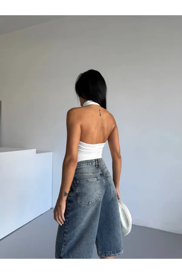 Kadın Beyaz Halter Yaka Sırtı Açık Sandy Bluz HZL25S-FRY123141