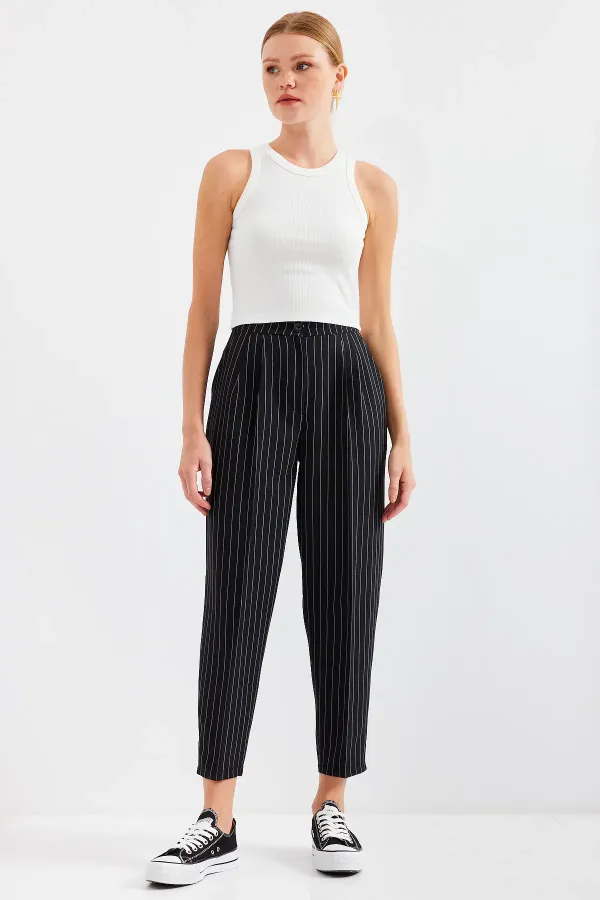 6637 High-Waisted Striped Fabric Trousers - Black