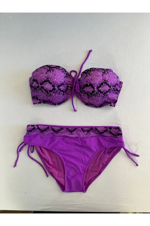 Kadın Lila Siyah Desenli Taş İşlemeli Toparlayıcı Bikini Takım HZL25S-LC3333