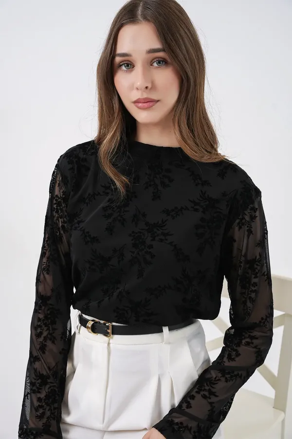 Chemisier à manches longues à motifs pour femme 983 - Noir