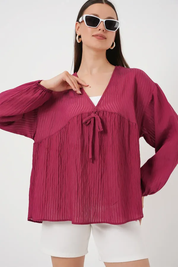 Women's Front Lace-Up Long-Sleeve Blouse 946 - Burgundy