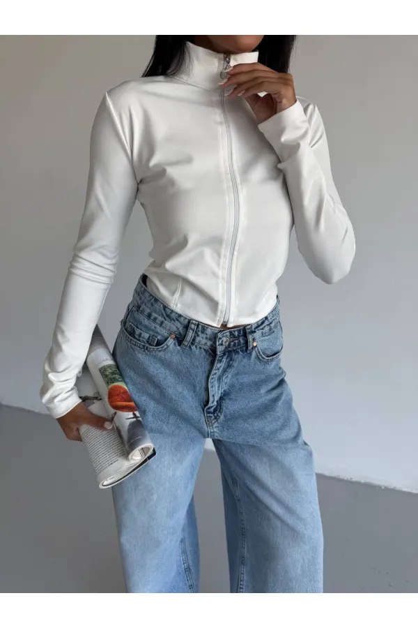 Women's White Diving Fabric Zippered Finger-Tight Sweatshirt HZL25W-FRY123441