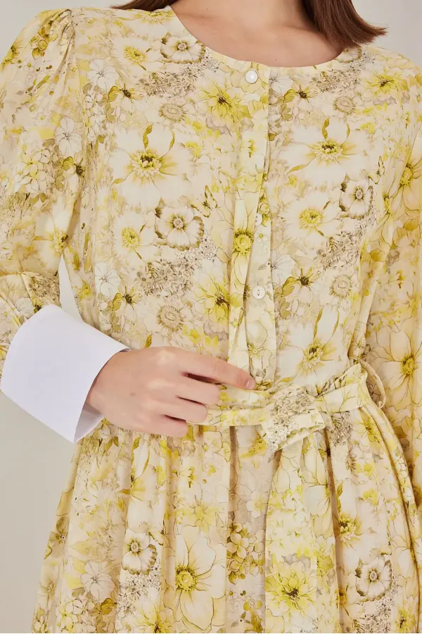 Kadın Kuşaklı Uzun Elbise 2584 - Sarı