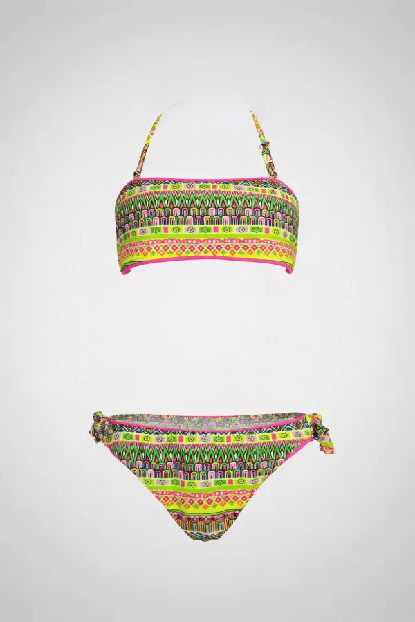 Kız Çocuk Pembe Neon Sarı Çok Renkli Astarlı 4-12 Yaş Straplez Bikini Takım HZL24S-LC6355