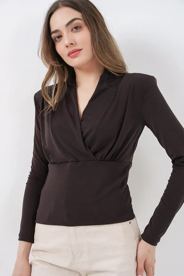 Chemisier cache-cœur pour femme avec épaulettes 942 - Marron