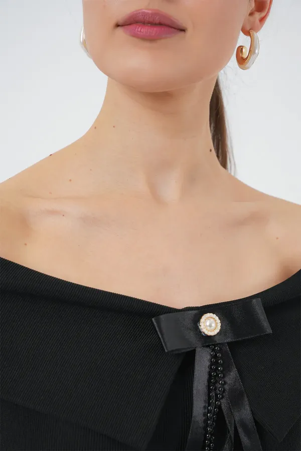 Kurdele Detaylı Örme Bluz 949 - Siyah