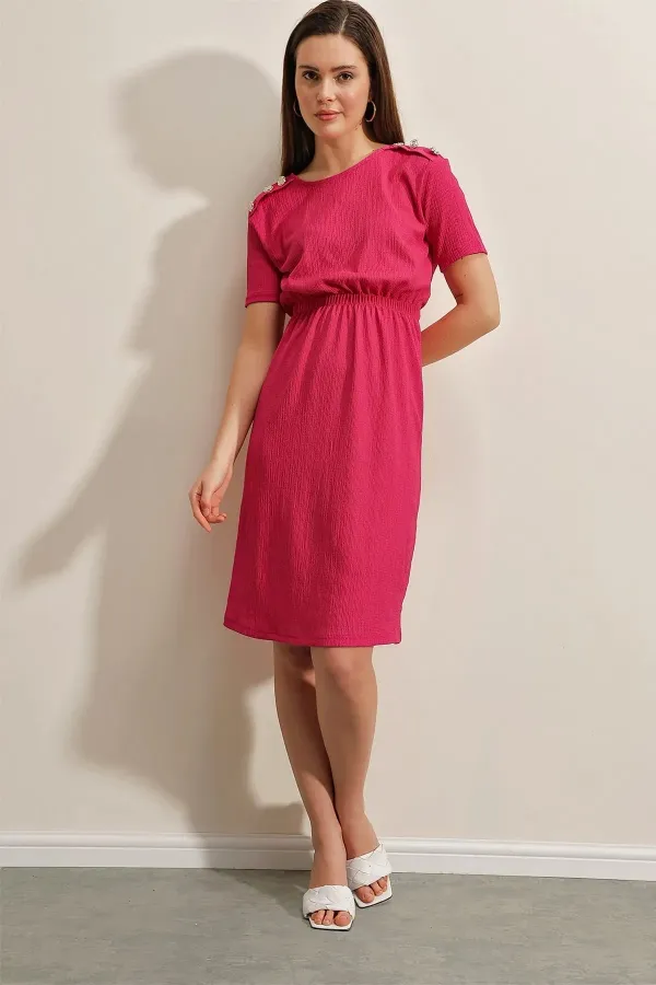 Women's Fuchsia Elastic Waist Button Detailed Casual Knit Dress HZL22S-BD123751