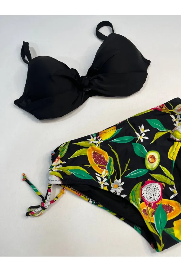 Women's Black Accessory Detailed Tropical Pattern Bikini Set HZL25S-LC3343