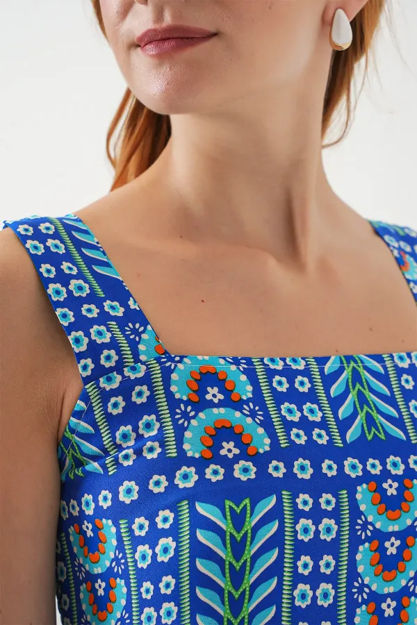 Robe midi à bretelles à motifs pour femme 2577 - Bleu marine