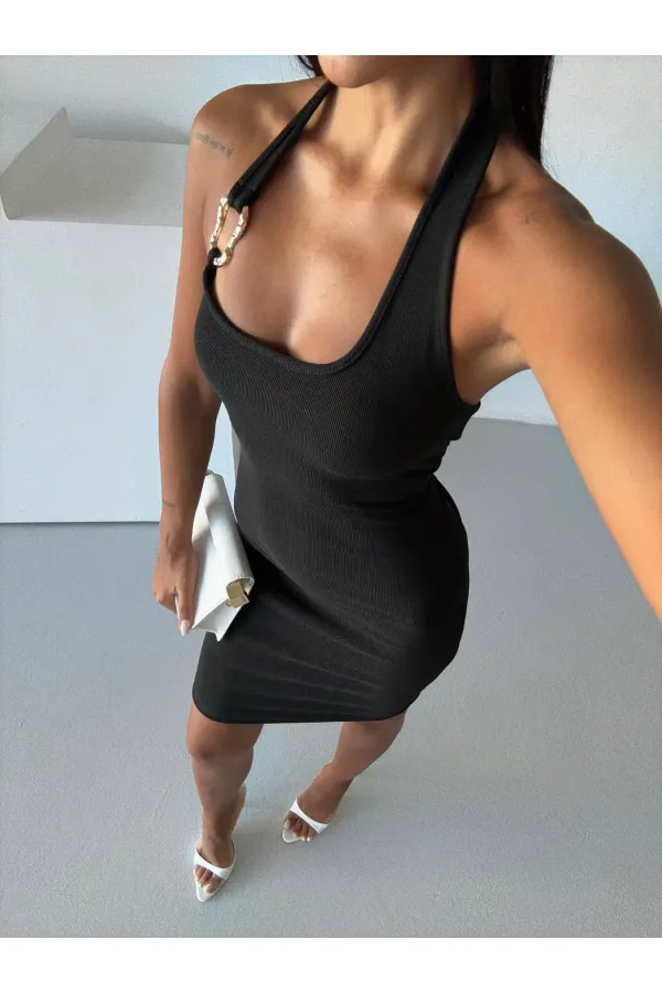 Women's Black Ottoman Fabric Halter Neck Buckle Detail Dress HZL26W-FRY123411