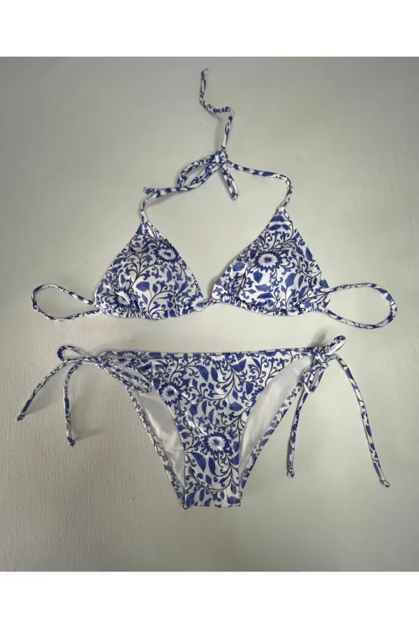 Women's Tile Pattern Blue White Patterned Neckline Triangle Bikini Set HZL25S-LC5005