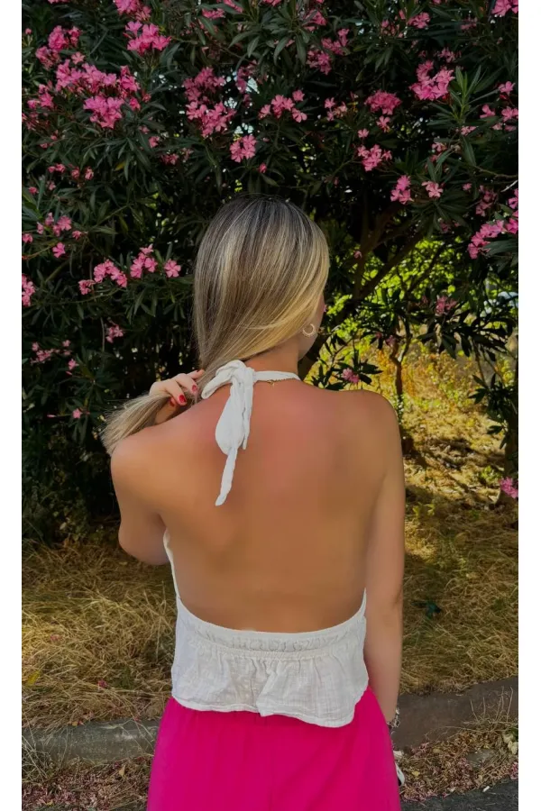 Kadın Beyaz Boyundan Bağlamalı Sırtı Açık Keten Bluz HZL24S-ZK11081