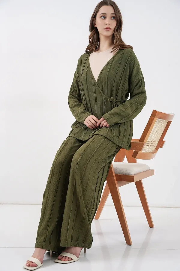 Ensemble deux pièces pantalon kimono en maille pour femme 30067 - Kaki