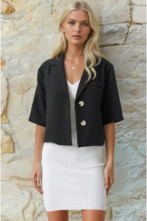 Veste Ayrobin en lin noir à manches courtes et col châle pour femme, boutonnée, HZL24S-BD107061