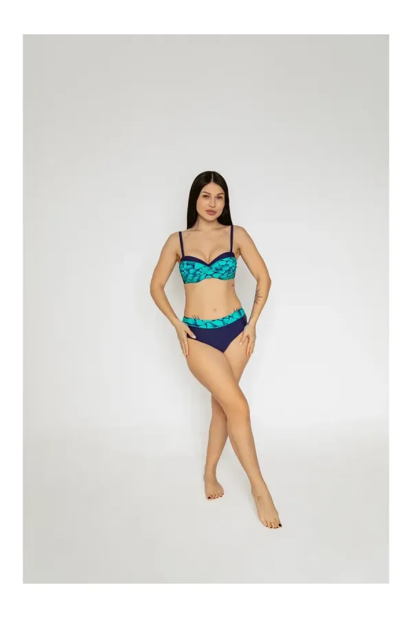 Women's Green Navy Blue Patterned Lined Bikini Set HZL25S-LC25143