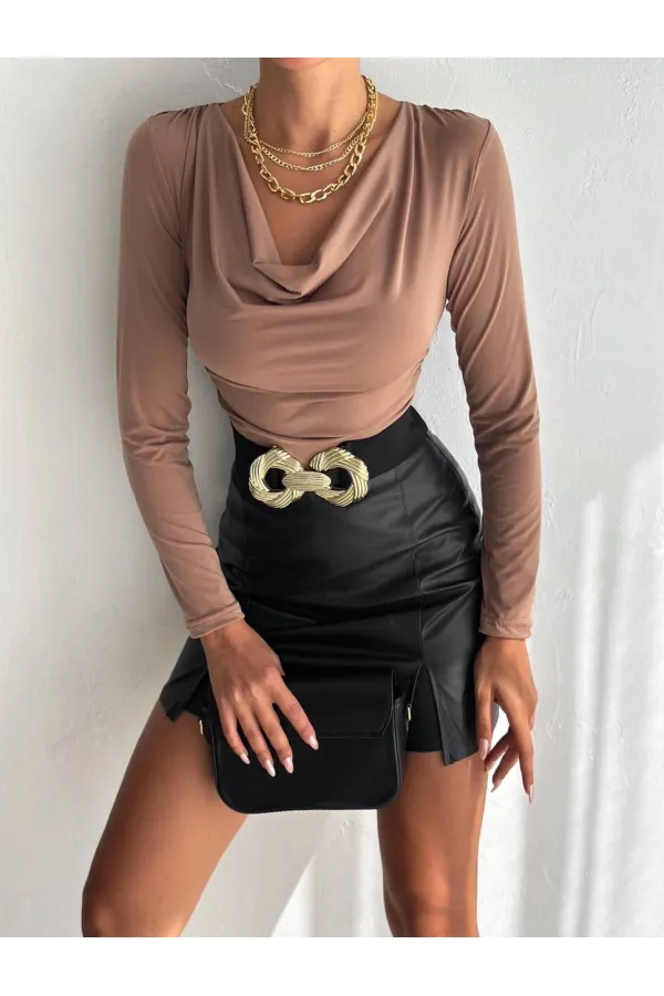 Kadın Bej Degaje Yaka Yandan Büzgülü Uzun Kol Sandy Bluz HZL24W-FRY122481