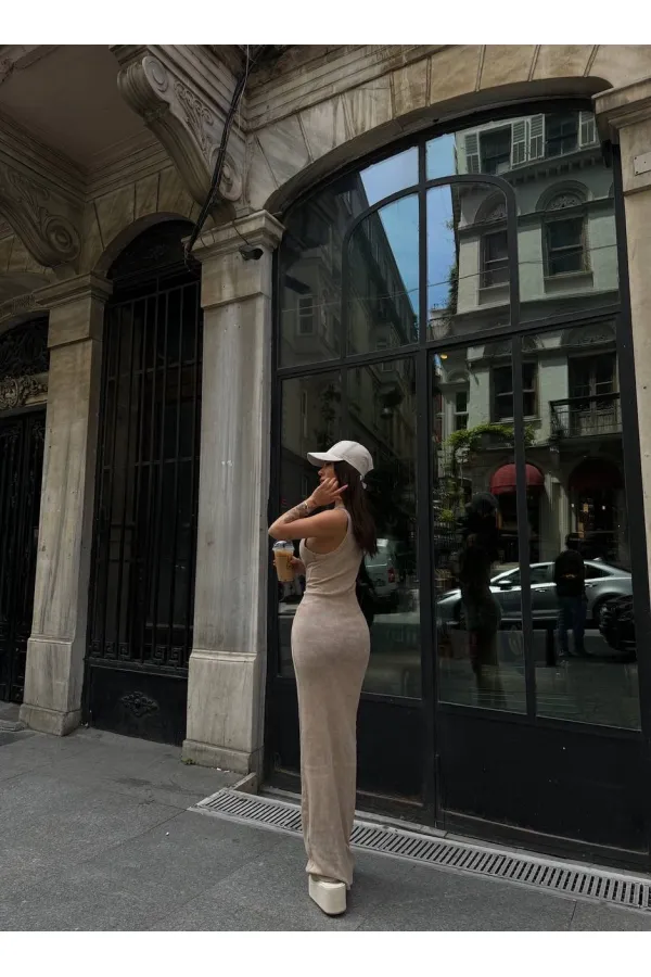 Kadın Bej Bisiklet Yaka Sıfır Kol Yıkamalı Fitilli Uzun Elbise HZL24S-VL1241071