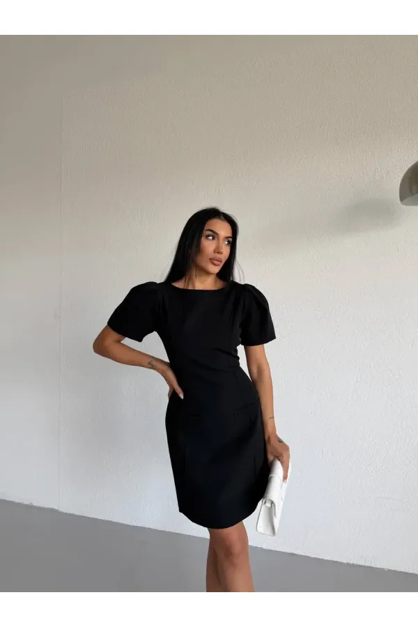 Women's Black Boat Neck Welt Pocket Short Sleeve Mini Dress HZL26S-FRY123891 Women's Black Boat Neck Welt Pocket Short Sleeve Mini Dress HZL26S-FRY123891