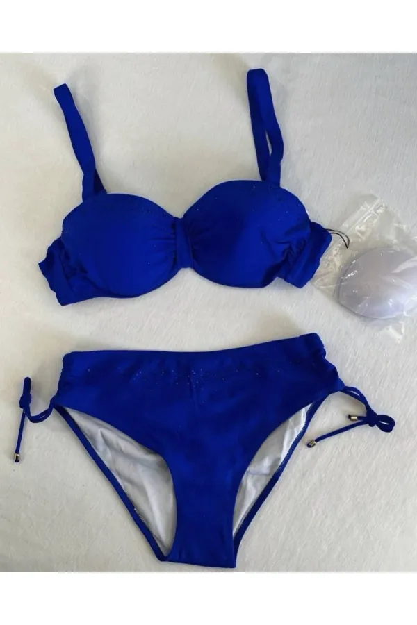 Women's Saxe Blue Stone Embroidered Lined Bikini Set HZL25S-LC3361