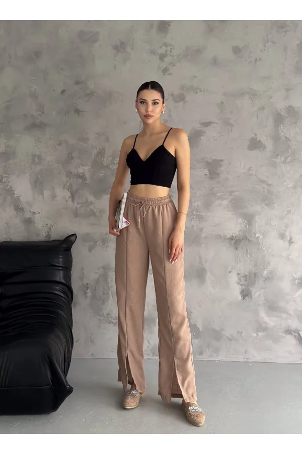 Kadın Bisküvi Lastikli Bel Yırtmaç Detaylı Cepsiz İthal Keten Astarsız Pantolon HZL24S-FRY121941