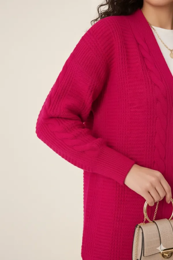 Cardigan long boutonné coupe décontractée en tricot rose foncé pour femme HZL23W-BD1100691