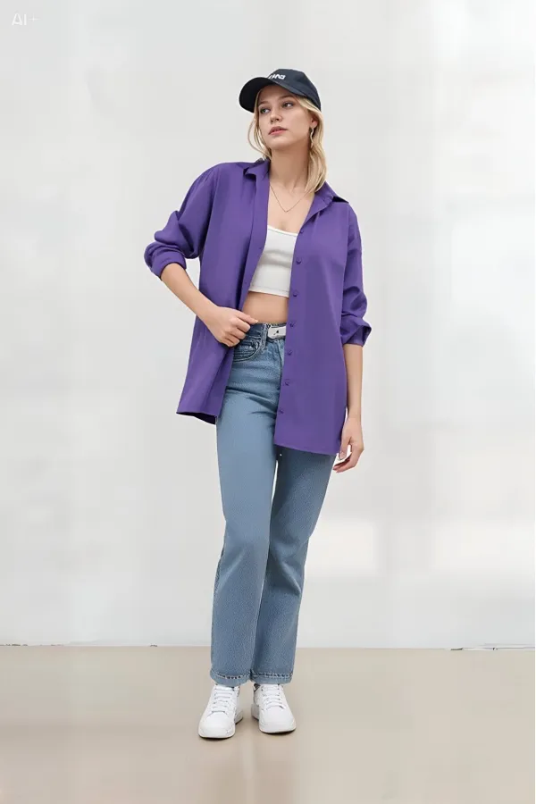 Kadın Mor Oversize Uzun Basic Gömlek Hzl22w-bd139001