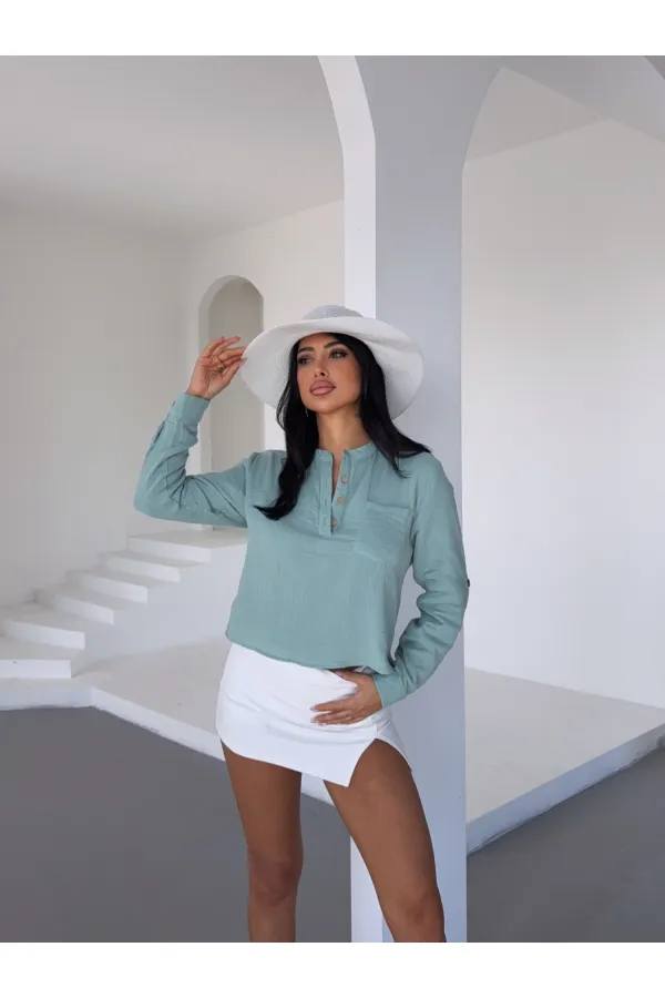 Kadın Çağla Yeşil Hakim Yaka Müslin Gömlek Bluz HZL25S-DSB1515