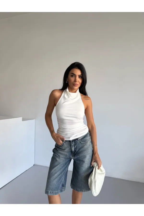 Kadın Beyaz Halter Yaka Sırtı Açık Sandy Bluz HZL25S-FRY123141