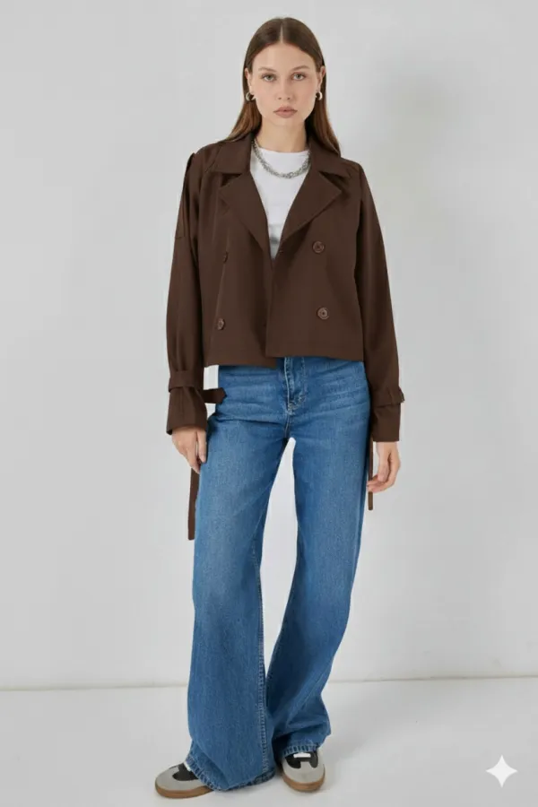 Trench-coat court marron à double boutonnage et ceinture pour femme, doublé HZL25W-BD159701