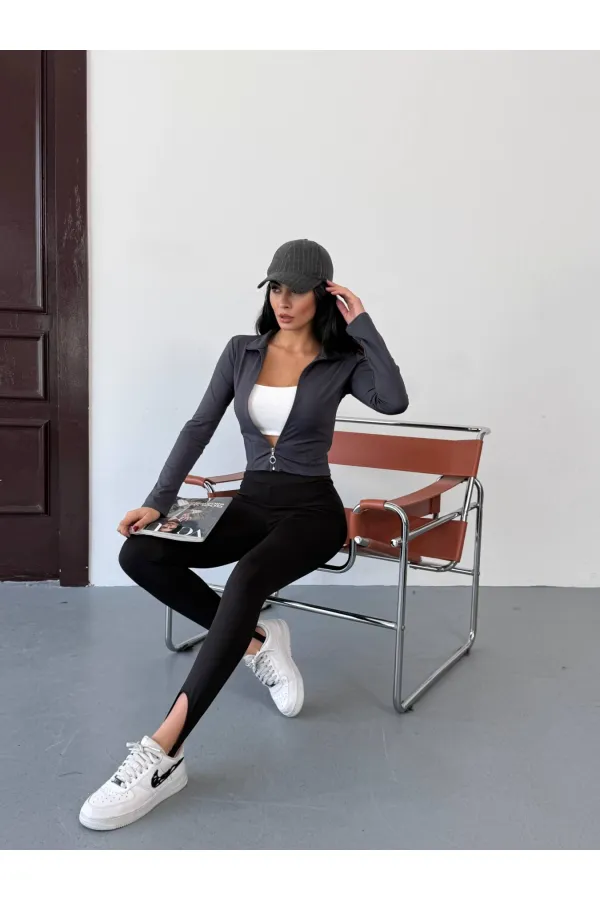 Women's Anthracite Diving Fabric Zippered Finger-Tight Sweatshirt HZL25W-FRY123441