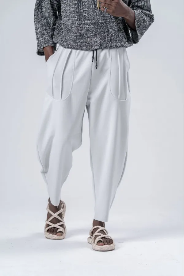 Pantalon de survêtement blanc ample à taille nouée et poches pour homme HZL24S-MXC9019-10