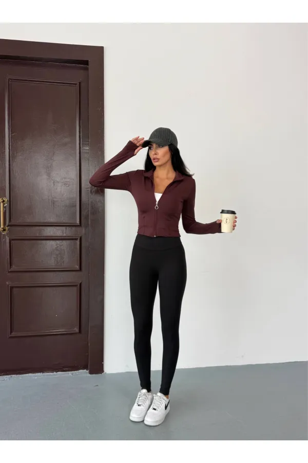 Women's Brown Diving Fabric Zippered Finger-Tight Sweatshirt HZL25W-FRY123441