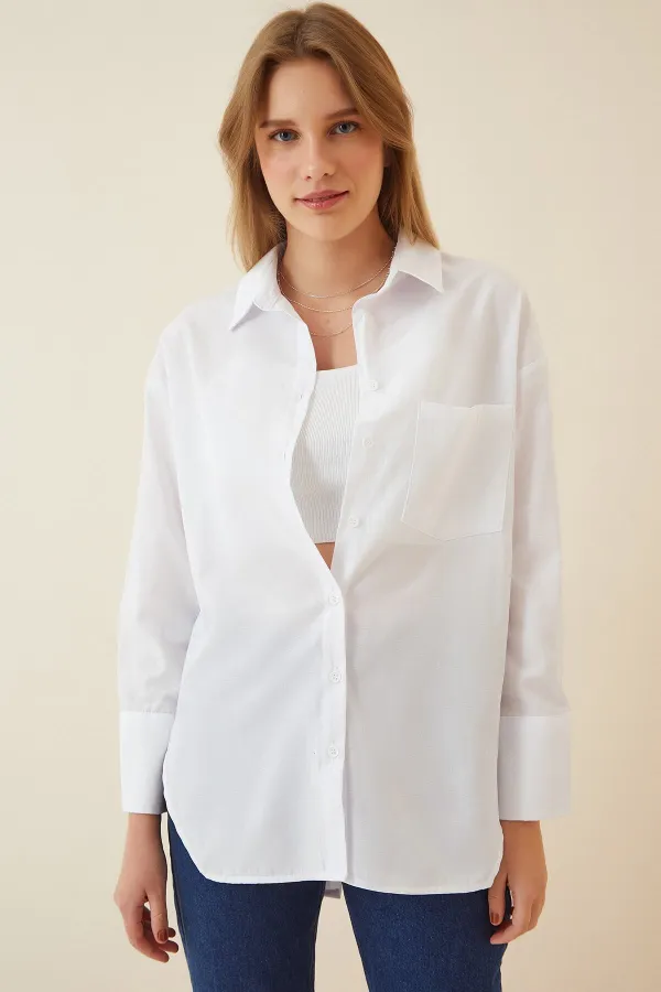 Chemise boyfriend en popeline blanche boutonnée au dos pour femme HZL22S-BD139521