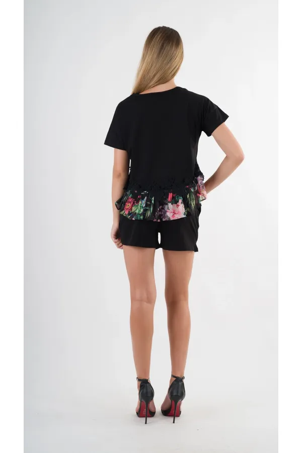 Kadın Siyah Dantel Çiçek Desenli Bisiklet Yaka Bluz HZL24S-YY256