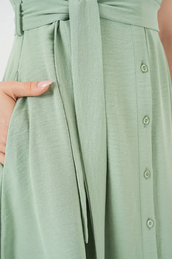 1677 Boydan Düğmeli Kuşaklı Elbise - E.Yeşil