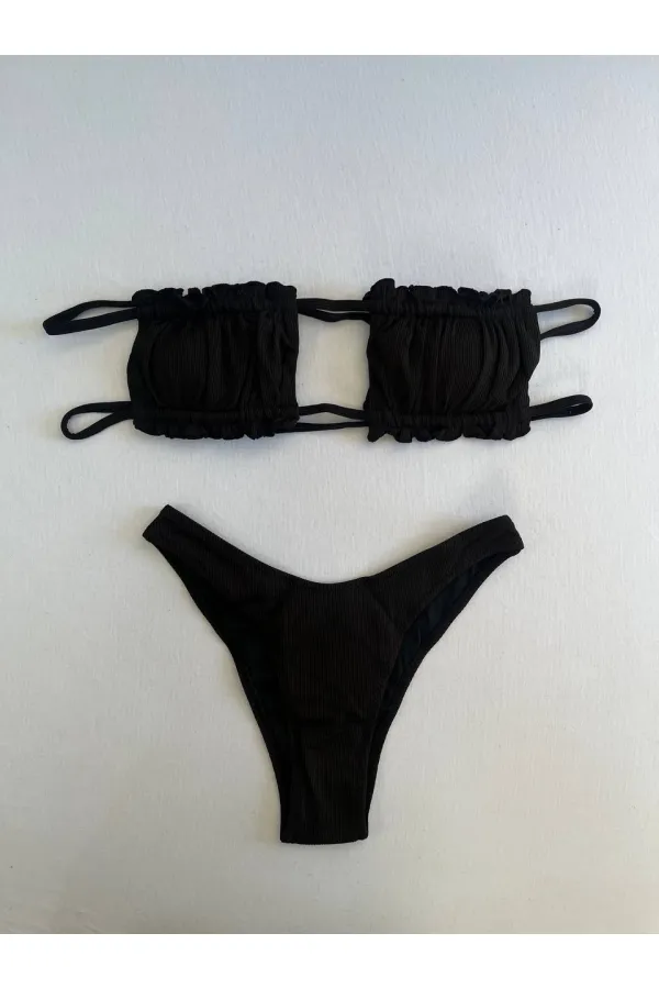 Women's Black String-Tied Gathered Strapless Bikini Set HZL25S-LC2226
