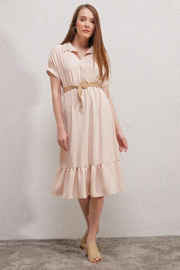 Bigdart 2292 Kemerli Elbise - Krem